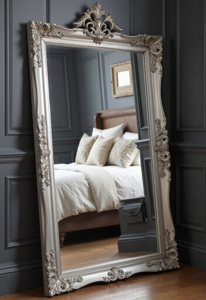 Transform Your Bedroom: 21 Stylish Oversized Mirrors and Dark Wainscoting with Cozy Bed Frames! - 3. Floor Mirrors for Dramatic Impact