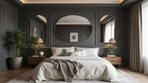 Transform Your Bedroom: 21 Stylish Oversized Mirrors and Dark Wainscoting with Cozy Bed Frames!