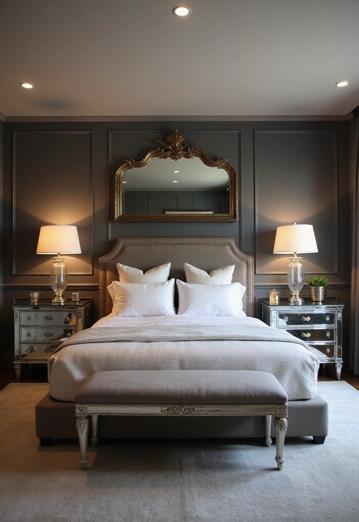 Transform Your Bedroom: 21 Stylish Oversized Mirrors and Dark Wainscoting with Cozy Bed Frames! - 4. Mirrored Furniture for Cohesive Style