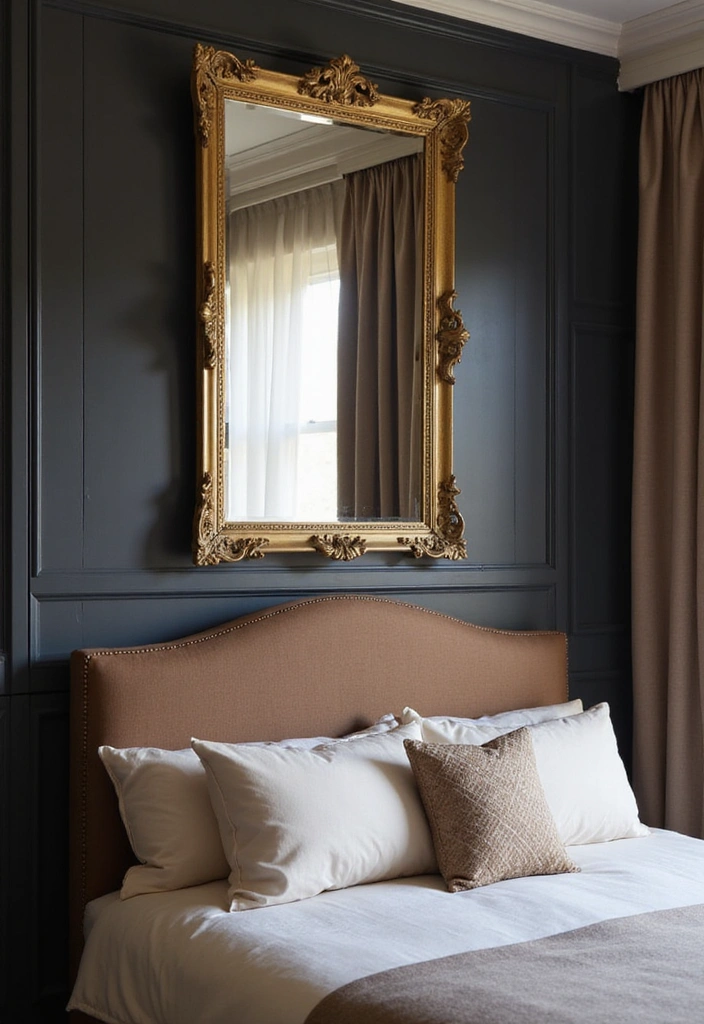 Transform Your Bedroom: 21 Stylish Oversized Mirrors and Dark Wainscoting with Cozy Bed Frames! - 5. Vintage Mirrors for Timeless Charm