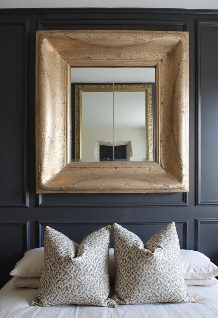 Transform Your Bedroom: 21 Stylish Oversized Mirrors and Dark Wainscoting with Cozy Bed Frames! - 6. Statement Mirrors with Unique Shapes