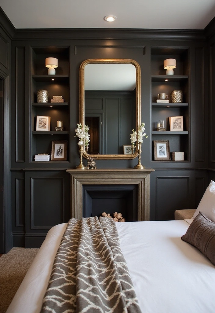 Transform Your Bedroom: 21 Stylish Oversized Mirrors and Dark Wainscoting with Cozy Bed Frames! - 7. Mirrors with Built-In Shelves