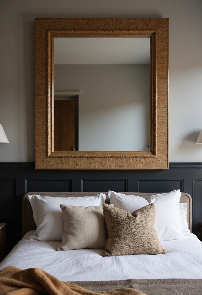 Transform Your Bedroom: 21 Stylish Oversized Mirrors and Dark Wainscoting with Cozy Bed Frames! - 8. Framed Mirrors with Textured Borders