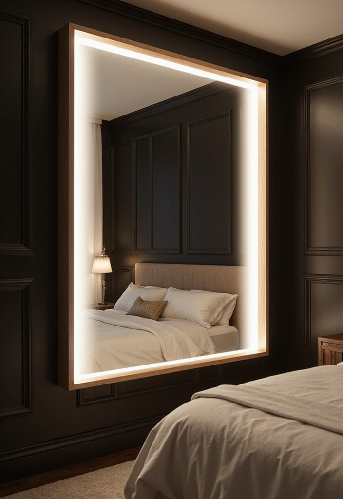 Transform Your Bedroom: 21 Stylish Oversized Mirrors and Dark Wainscoting with Cozy Bed Frames! - 9. Elegant Mirrors with LED Lighting