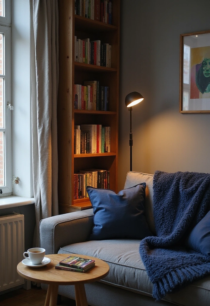 Transform Your Space: 31 Stylish Scandinavian Decor Ideas Featuring a Gray Couch and Navy Accents! - 1. Cozy Corner Reading Nook