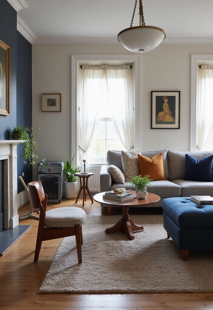Transform Your Space: 31 Stylish Scandinavian Decor Ideas Featuring a Gray Couch and Navy Accents! - 12. Integrating Vintage Pieces