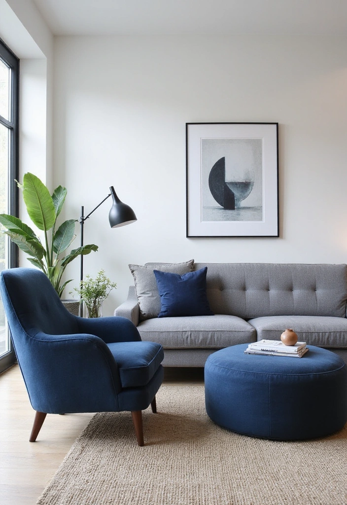 Transform Your Space: 31 Stylish Scandinavian Decor Ideas Featuring a Gray Couch and Navy Accents! - 13. Accent Furniture in Navy