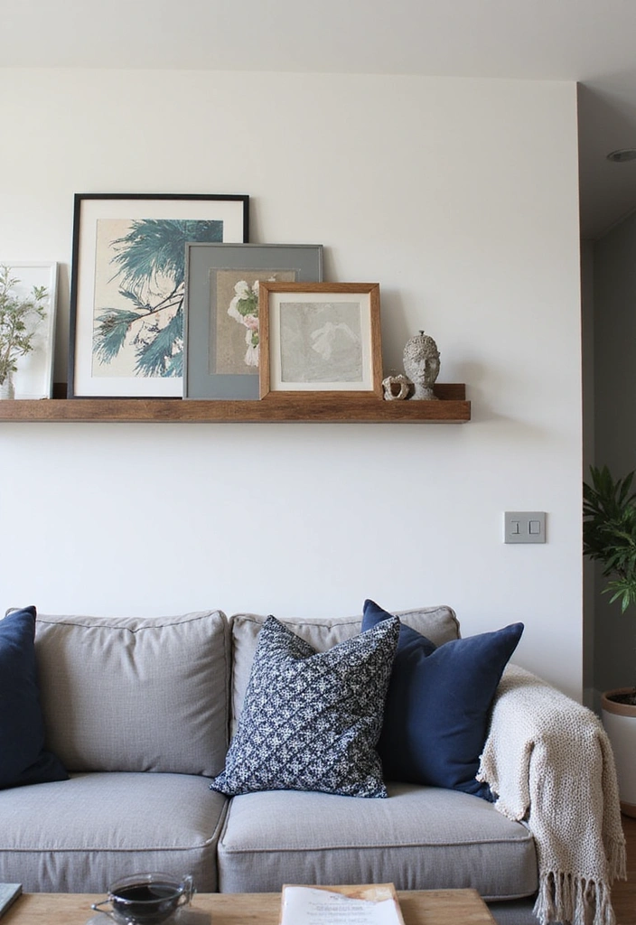 Transform Your Space: 31 Stylish Scandinavian Decor Ideas Featuring a Gray Couch and Navy Accents! - 14. Personal Art Displays