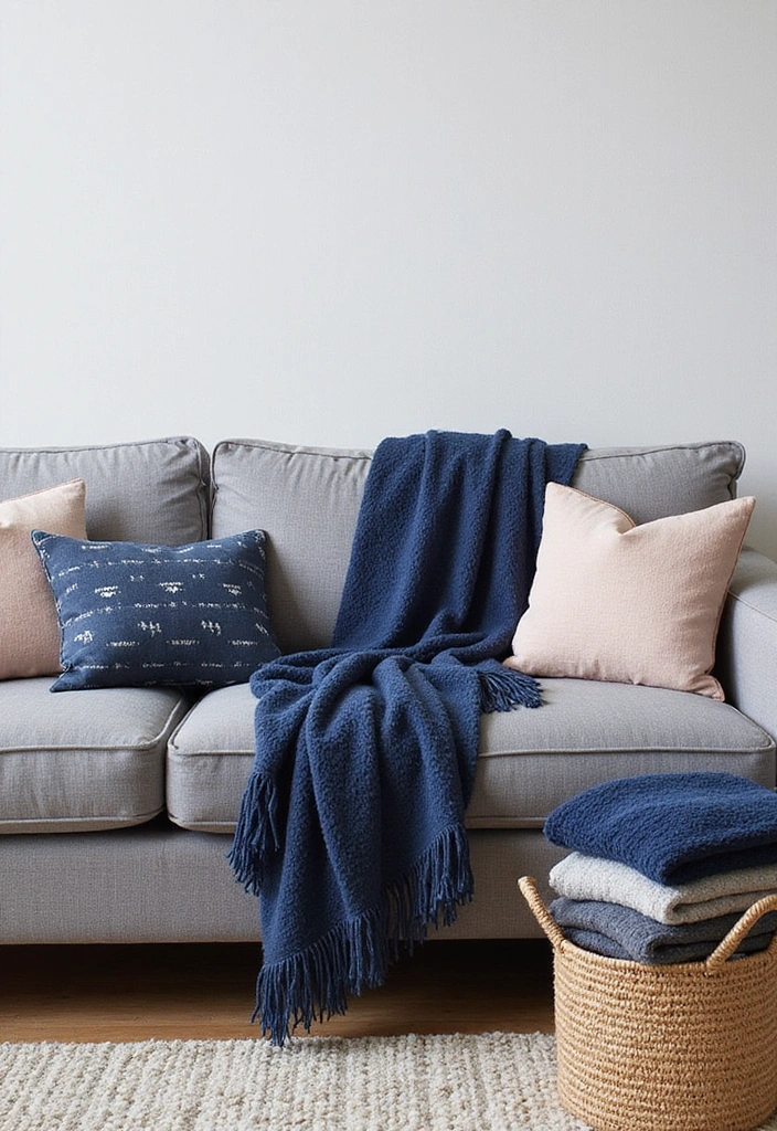 Transform Your Space: 31 Stylish Scandinavian Decor Ideas Featuring a Gray Couch and Navy Accents! - 15. Cozy Blankets and Throws