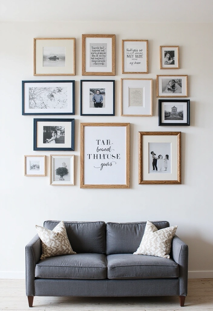 Transform Your Space: 31 Stylish Scandinavian Decor Ideas Featuring a Gray Couch and Navy Accents! - 2. Modern Gallery Wall