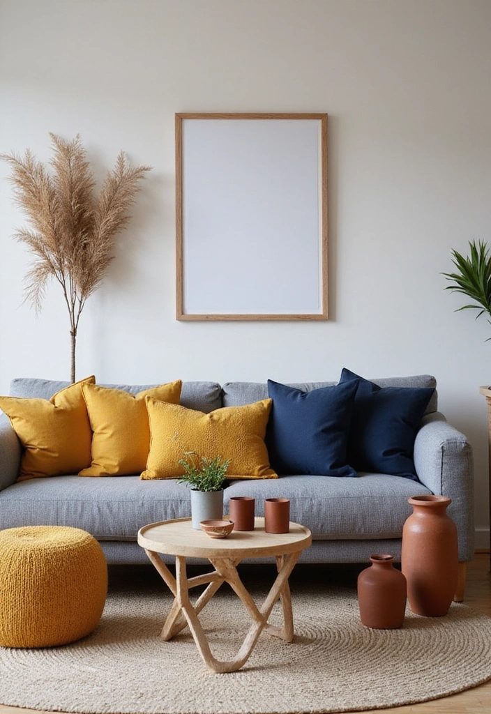 Transform Your Space: 31 Stylish Scandinavian Decor Ideas Featuring a Gray Couch and Navy Accents! - 21. Warm Color Accents
