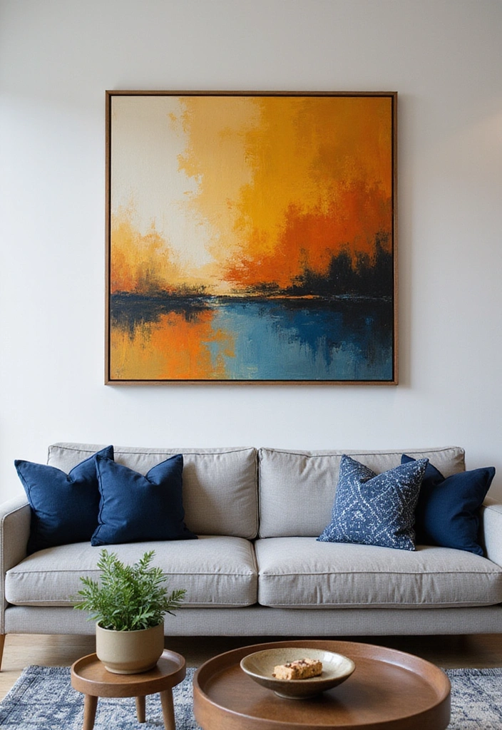 Transform Your Space: 31 Stylish Scandinavian Decor Ideas Featuring a Gray Couch and Navy Accents! - 22. Statement Art Pieces