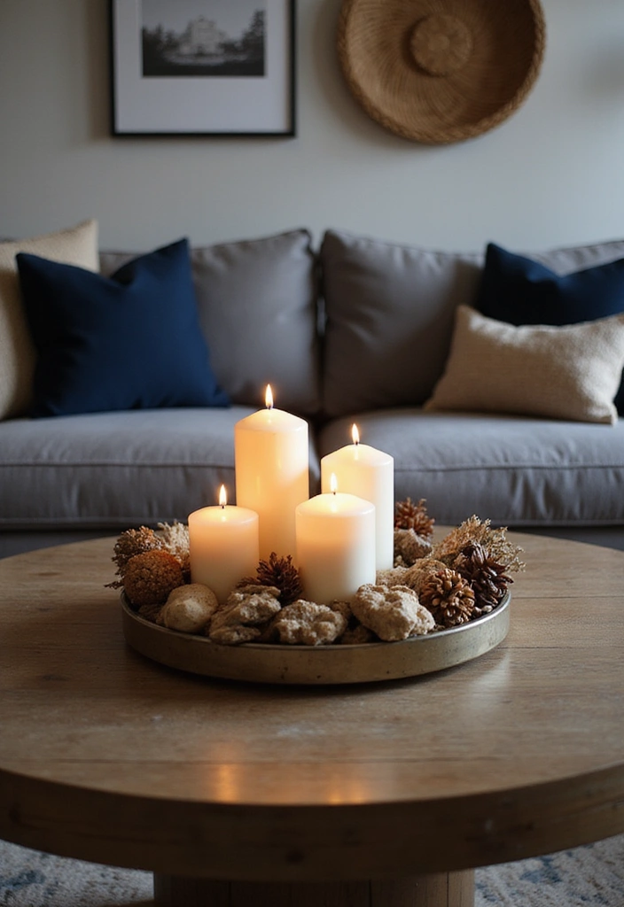 Transform Your Space: 31 Stylish Scandinavian Decor Ideas Featuring a Gray Couch and Navy Accents! - 23. Layered Lighting with Candles