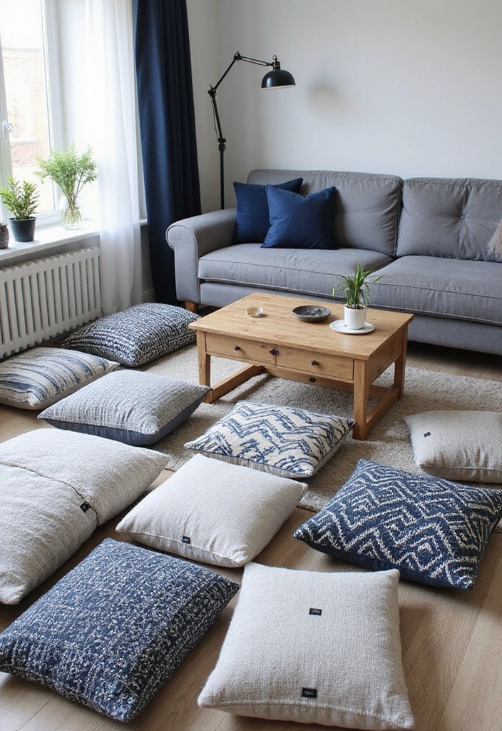 Transform Your Space: 31 Stylish Scandinavian Decor Ideas Featuring a Gray Couch and Navy Accents! - 24. Cozy Floor Cushions