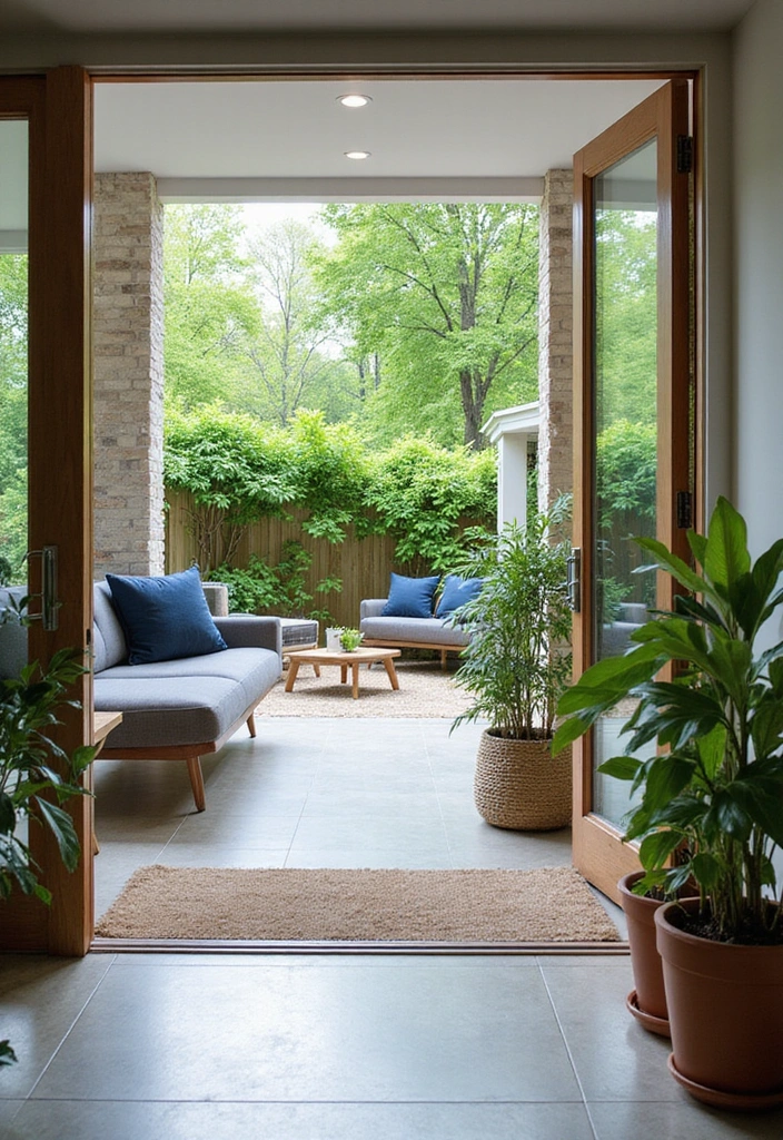 Transform Your Space: 31 Stylish Scandinavian Decor Ideas Featuring a Gray Couch and Navy Accents! - 26. Indoor-Outdoor Flow