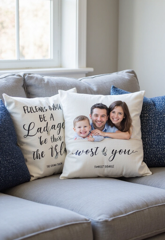 Transform Your Space: 31 Stylish Scandinavian Decor Ideas Featuring a Gray Couch and Navy Accents! - 27. Personalized Throw Pillows