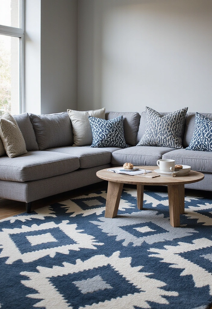 Transform Your Space: 31 Stylish Scandinavian Decor Ideas Featuring a Gray Couch and Navy Accents! - 28. Bold Geometric Patterns