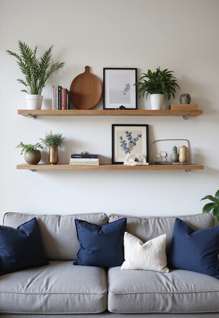 Transform Your Space: 31 Stylish Scandinavian Decor Ideas Featuring a Gray Couch and Navy Accents! - 29. Scandinavian-inspired Wall Shelving