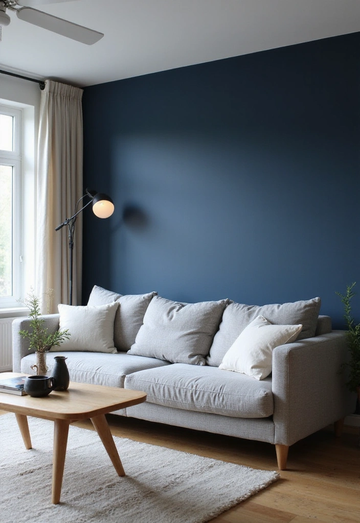Transform Your Space: 31 Stylish Scandinavian Decor Ideas Featuring a Gray Couch and Navy Accents! - 3. Bold Navy Accent Walls