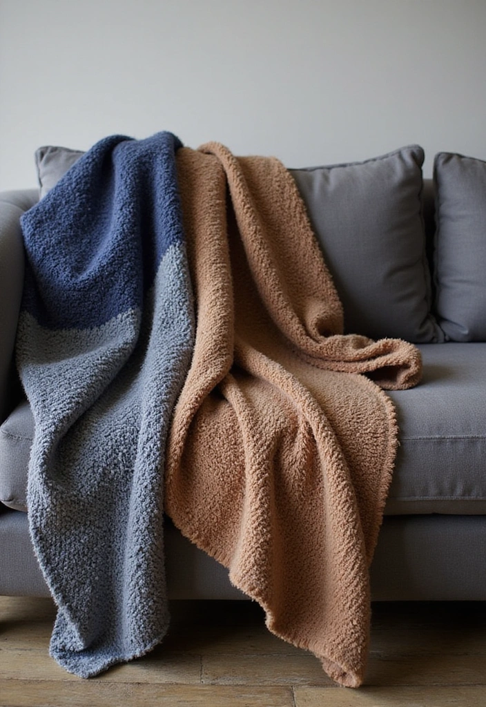 Transform Your Space: 31 Stylish Scandinavian Decor Ideas Featuring a Gray Couch and Navy Accents! - 30. Warm Textured Throws