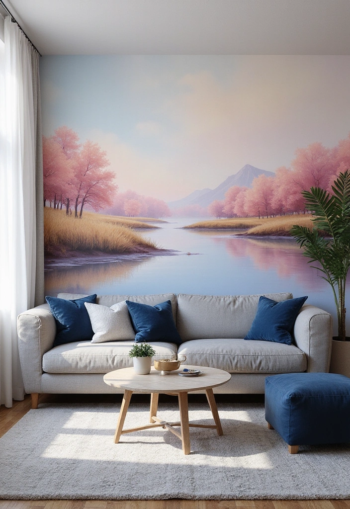 Transform Your Space: 31 Stylish Scandinavian Decor Ideas Featuring a Gray Couch and Navy Accents! - 31. Artistic Wall Murals