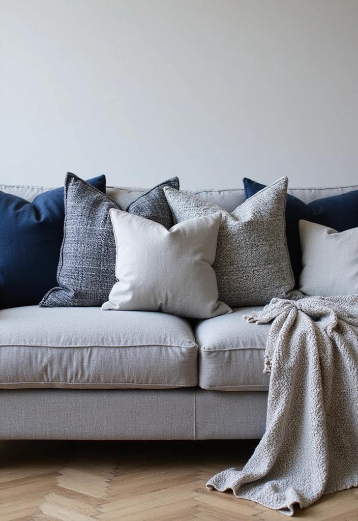 Transform Your Space: 31 Stylish Scandinavian Decor Ideas Featuring a Gray Couch and Navy Accents! - 4. Textured Throw Pillows