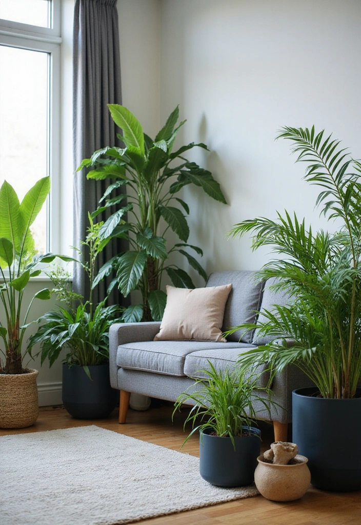 Transform Your Space: 31 Stylish Scandinavian Decor Ideas Featuring a Gray Couch and Navy Accents! - 8. Greenery and Indoor Plants