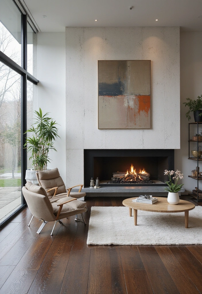 Trendy Elegance: 31 Large Living Rooms with Dark Wood Floors and Stylish Plaster Fireplaces - 1. Modern Minimalism Meets Rustic Charm