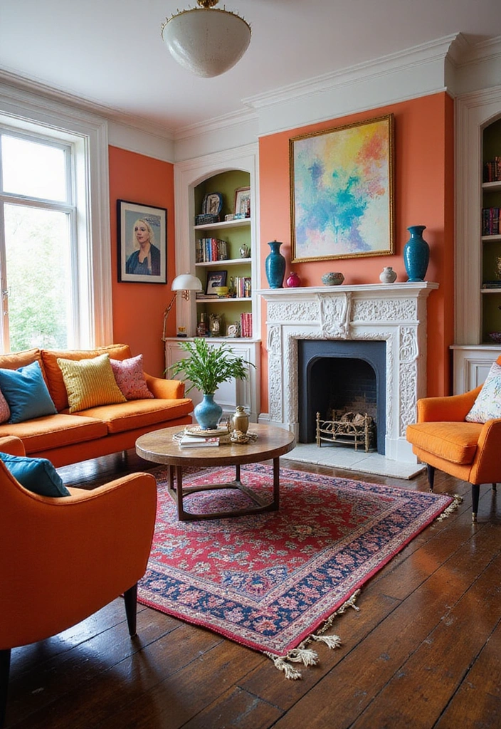 Trendy Elegance: 31 Large Living Rooms with Dark Wood Floors and Stylish Plaster Fireplaces - 10. Bold Color Accents with Dark Wood Floors
