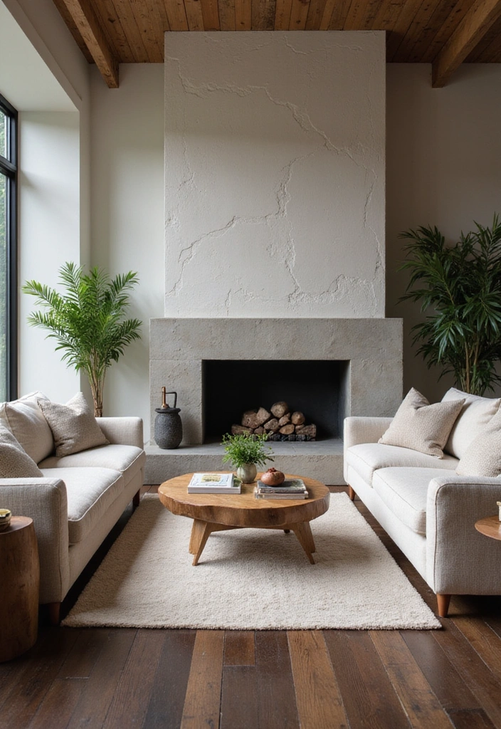Trendy Elegance: 31 Large Living Rooms with Dark Wood Floors and Stylish Plaster Fireplaces - 11. Contemporary Zen Retreat