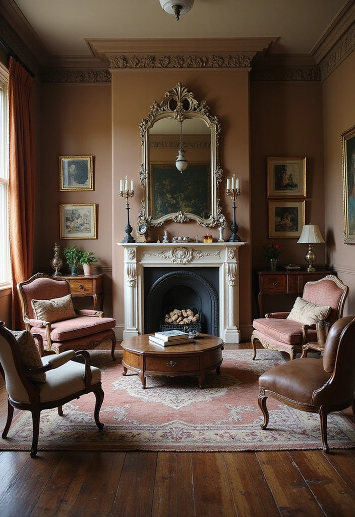 Trendy Elegance: 31 Large Living Rooms with Dark Wood Floors and Stylish Plaster Fireplaces - 12. Vintage Glam with a Modern Edge
