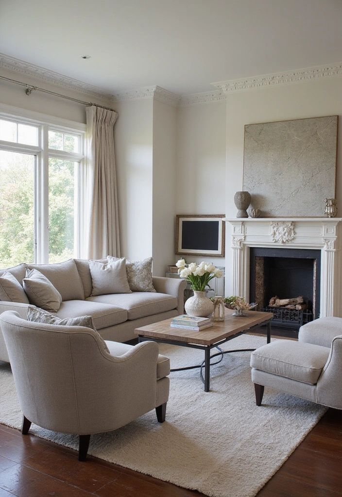 Trendy Elegance: 31 Large Living Rooms with Dark Wood Floors and Stylish Plaster Fireplaces - 13. Sophisticated Neutral Tones