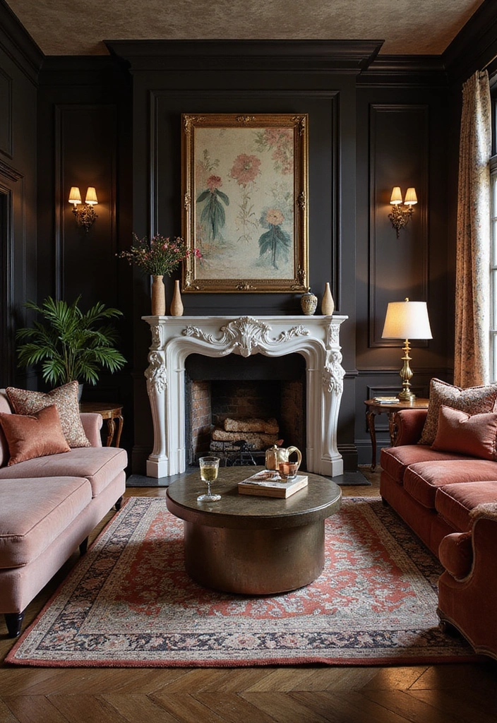 Trendy Elegance: 31 Large Living Rooms with Dark Wood Floors and Stylish Plaster Fireplaces - 15. Luxurious Textures and Rich Fabrics