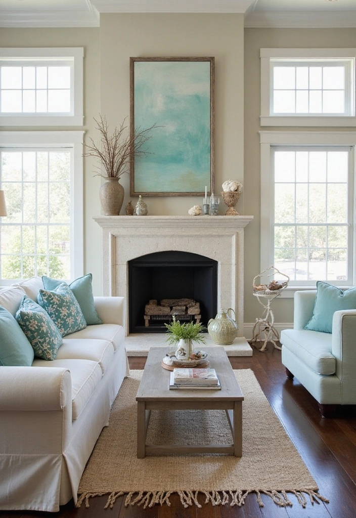 Trendy Elegance: 31 Large Living Rooms with Dark Wood Floors and Stylish Plaster Fireplaces - 16. Coastal Relaxation Vibes
