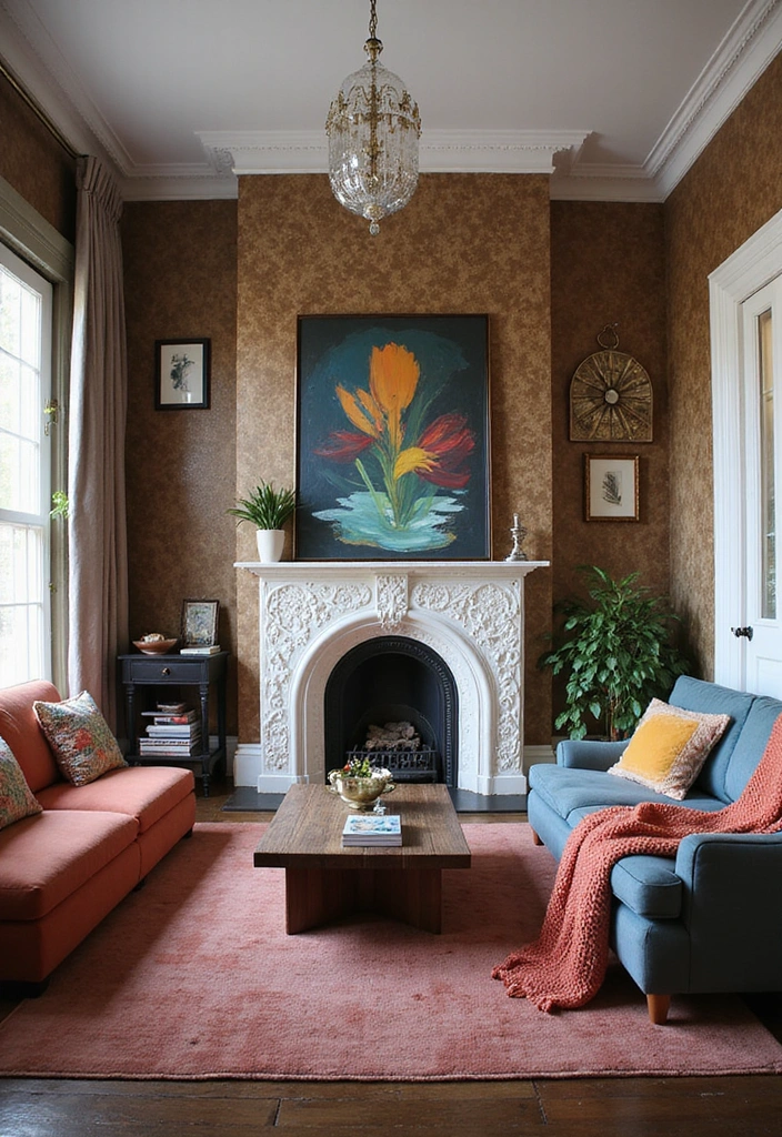 Trendy Elegance: 31 Large Living Rooms with Dark Wood Floors and Stylish Plaster Fireplaces - 18. Artistic Expression: Feature Walls and Unique Decor