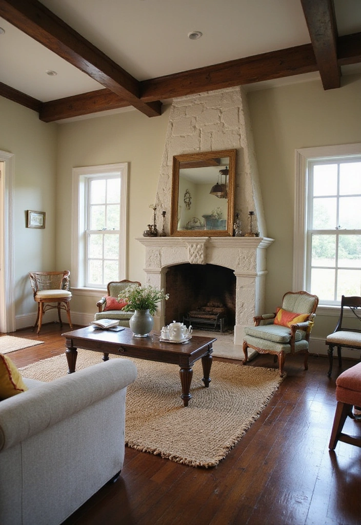 Trendy Elegance: 31 Large Living Rooms with Dark Wood Floors and Stylish Plaster Fireplaces - 2. Cozy Cottage Vibes