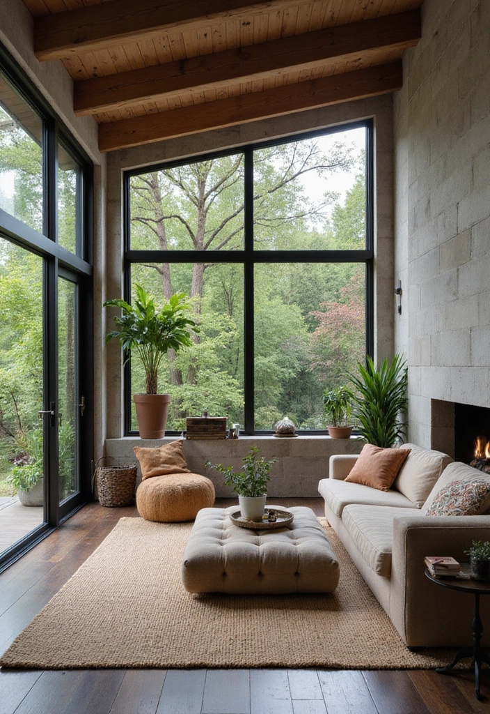 Trendy Elegance: 31 Large Living Rooms with Dark Wood Floors and Stylish Plaster Fireplaces - 20. Outdoor-Inspired Living Rooms