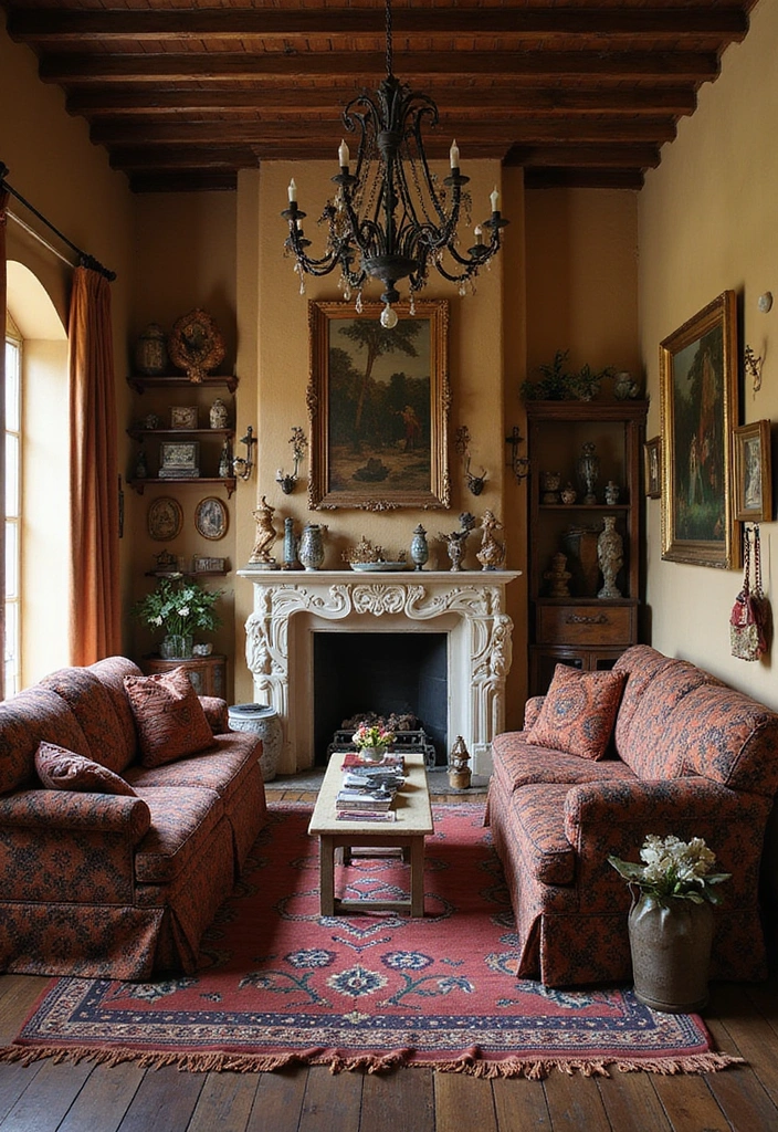 Trendy Elegance: 31 Large Living Rooms with Dark Wood Floors and Stylish Plaster Fireplaces - 21. Cultural Heritage: Celebrating Roots through Decor