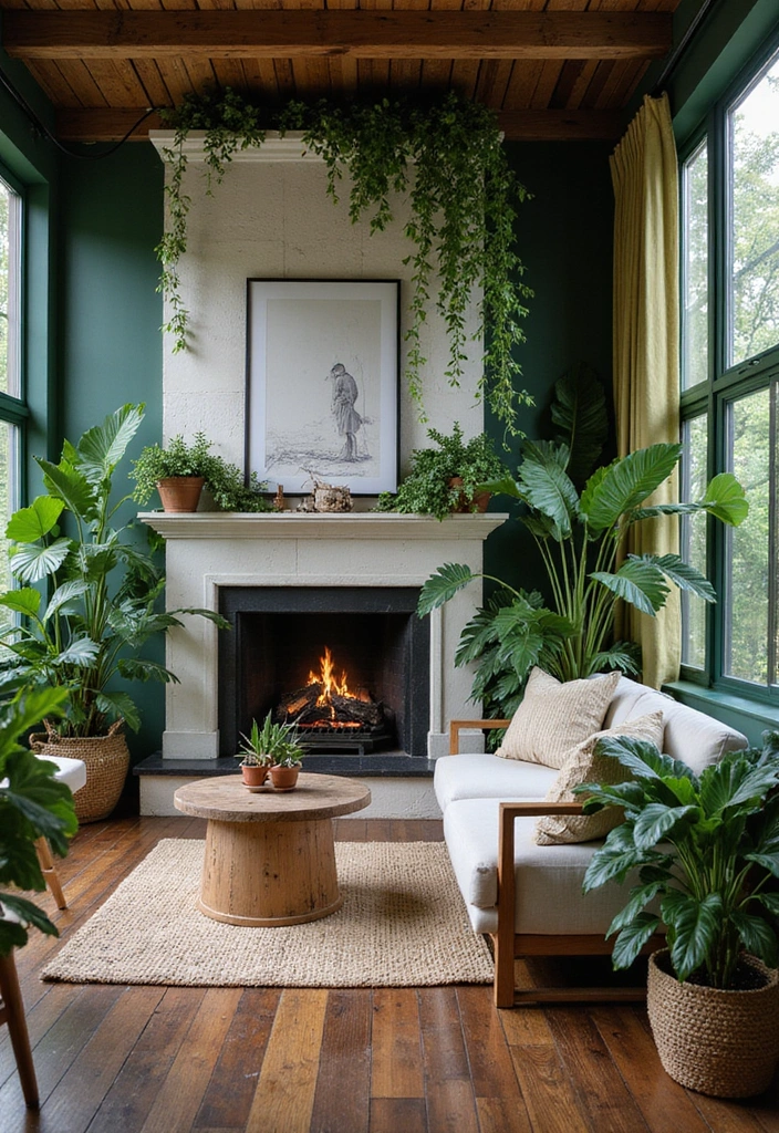 Trendy Elegance: 31 Large Living Rooms with Dark Wood Floors and Stylish Plaster Fireplaces - 22. Urban Jungle Oasis