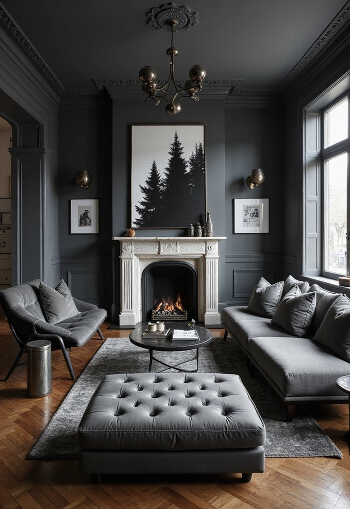Trendy Elegance: 31 Large Living Rooms with Dark Wood Floors and Stylish Plaster Fireplaces - 23. Monochromatic Magic