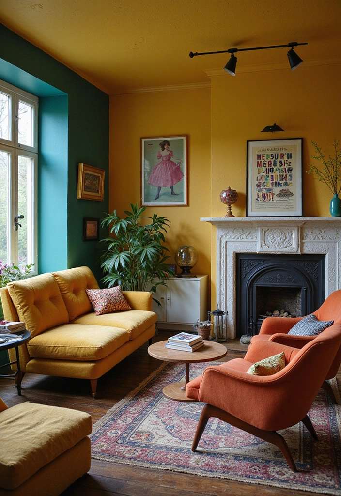 Trendy Elegance: 31 Large Living Rooms with Dark Wood Floors and Stylish Plaster Fireplaces - 24. Retro Revival