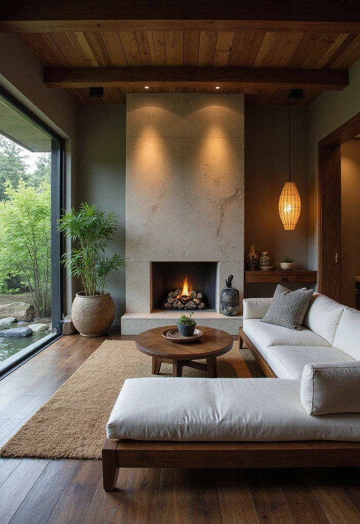 Trendy Elegance: 31 Large Living Rooms with Dark Wood Floors and Stylish Plaster Fireplaces - 25. Zen Garden Retreat
