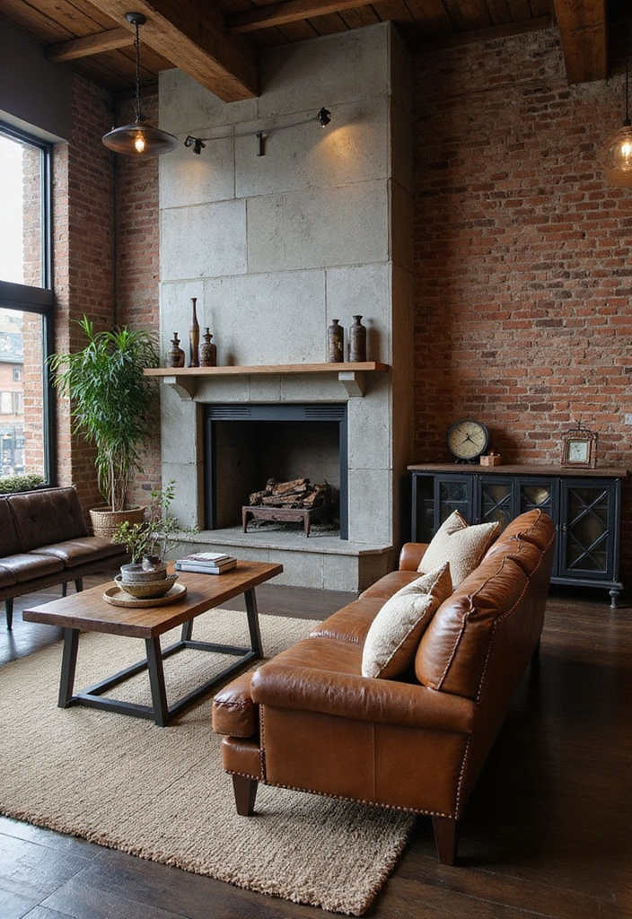 Trendy Elegance: 31 Large Living Rooms with Dark Wood Floors and Stylish Plaster Fireplaces - 26. Vintage Industrial Fusion