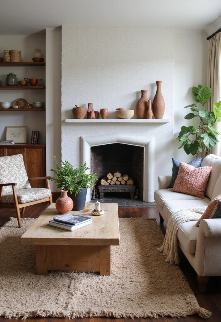 Trendy Elegance: 31 Large Living Rooms with Dark Wood Floors and Stylish Plaster Fireplaces - 27. Artisanal Craftsmanship: Handcrafted Elements