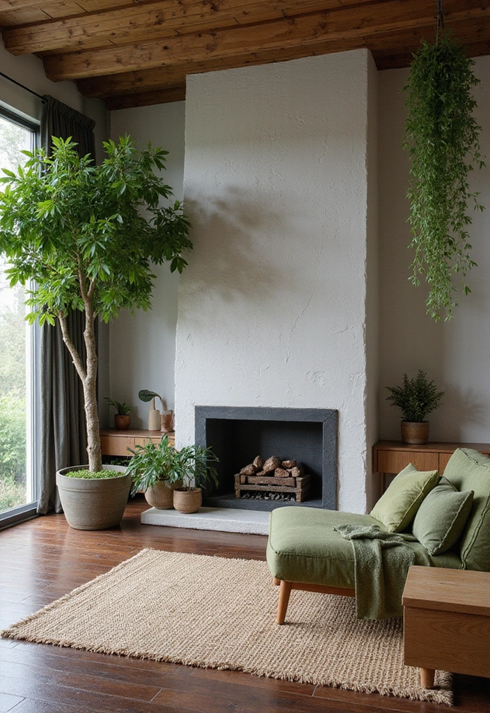 Trendy Elegance: 31 Large Living Rooms with Dark Wood Floors and Stylish Plaster Fireplaces - 28. Nature-Inspired Serenity