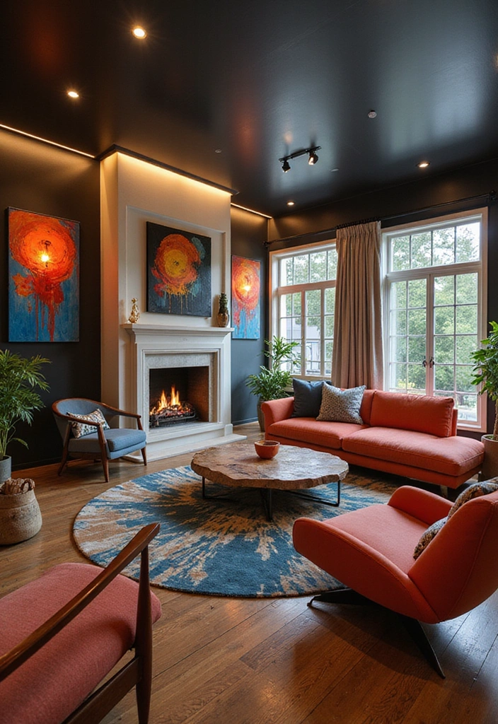 Trendy Elegance: 31 Large Living Rooms with Dark Wood Floors and Stylish Plaster Fireplaces - 29. Retro Futurism: A Bold New Take