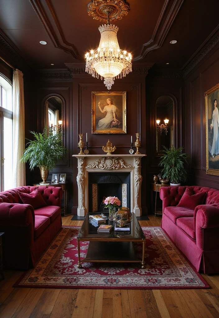 Trendy Elegance: 31 Large Living Rooms with Dark Wood Floors and Stylish Plaster Fireplaces - 3. Glamorous Hollywood Style