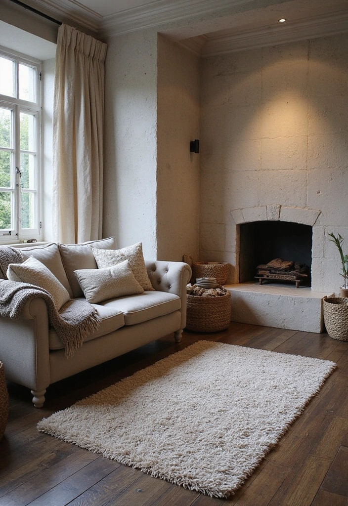 Trendy Elegance: 31 Large Living Rooms with Dark Wood Floors and Stylish Plaster Fireplaces - 30. Layered Textures: The Cozy Approach