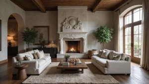 Trendy Elegance: 31 Large Living Rooms with Dark Wood Floors and Stylish Plaster Fireplaces