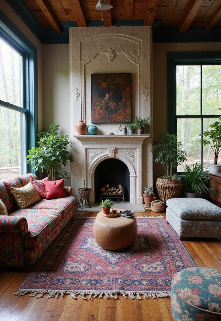 Trendy Elegance: 31 Large Living Rooms with Dark Wood Floors and Stylish Plaster Fireplaces - 4. Eclectic Bohemian Charm